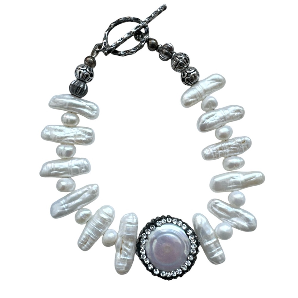 Fresh Water Pearl and Rhinestone Toggle Bracelet | 7.25”
